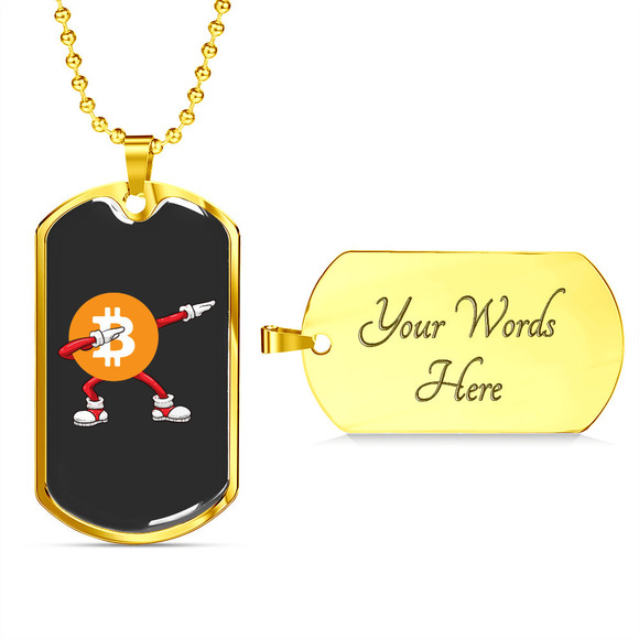 Dab Pose Bitcoin  Crypto Necklace Stainless Steel or 18k Gold Dog Tag 24" Chain - Picture 1 of 2